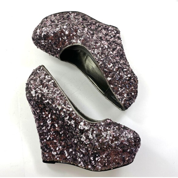 Bongo Silver Champagne Sequin Platform Heels 7.5 Disco Clubbing Formal Party - Picture 11 of 14